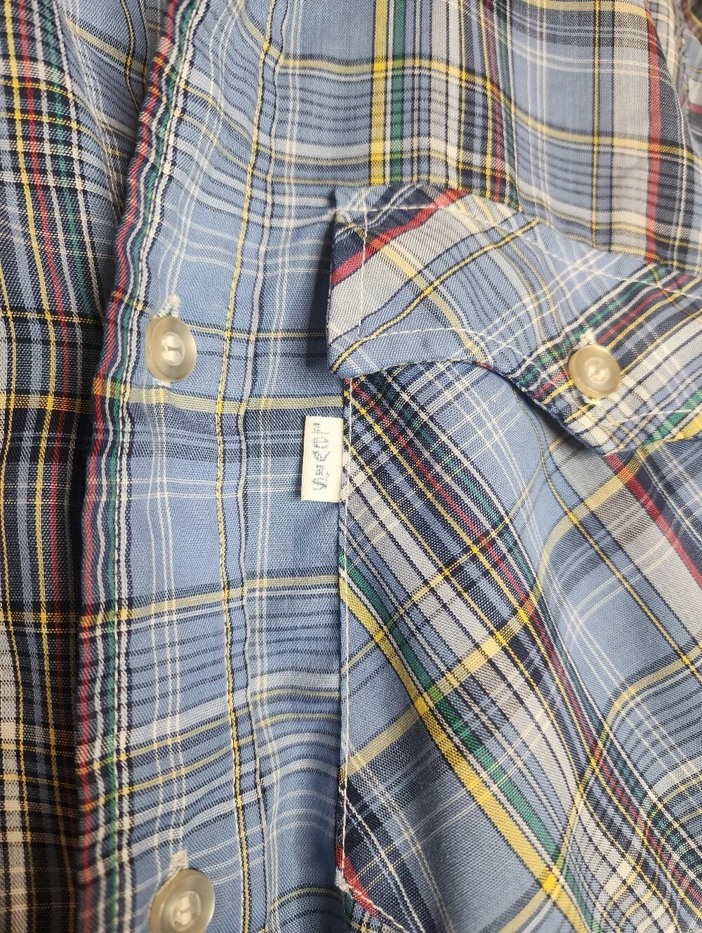 Vintage 70s Levi’s White Tab Big E Plaid Western Shirt Small Blue Red Pearl Snap